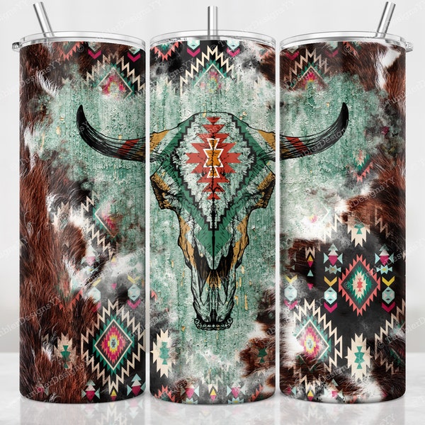 Cowhide Skull Western Tumbler Wrap, Southwest Print Sublimation Design, 20 oz Skinny Tumbler, Aztec Cow Skull Tumbler PNG, Digital Download