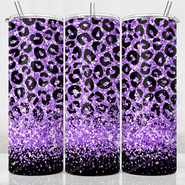 Purple Glitter Leopard Tumbler Wrap, Glitter Black Leopard Sublimation Design, 20 oz Skinny Tumbler, Digital Download, Sparkle Tumbler PNG