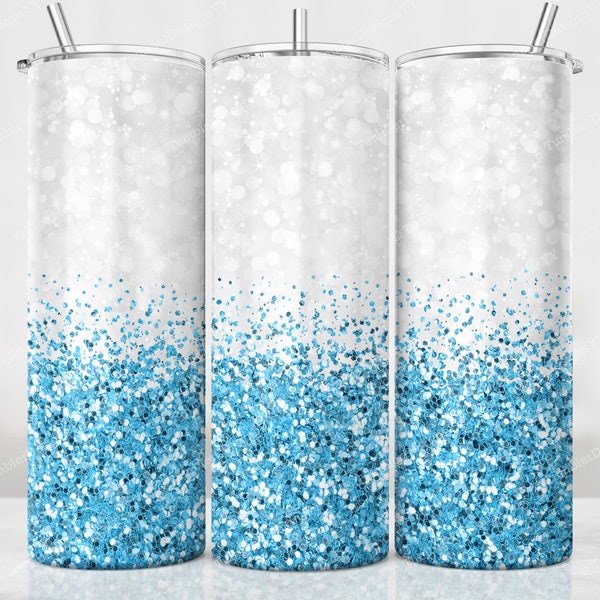 Baby Blue Glitter Border Tumbler Wrap, Blue White Glitter Sublimation, 20 oz Skinny Tumbler, Digital Download, Sparkle Tumbler Design PNG