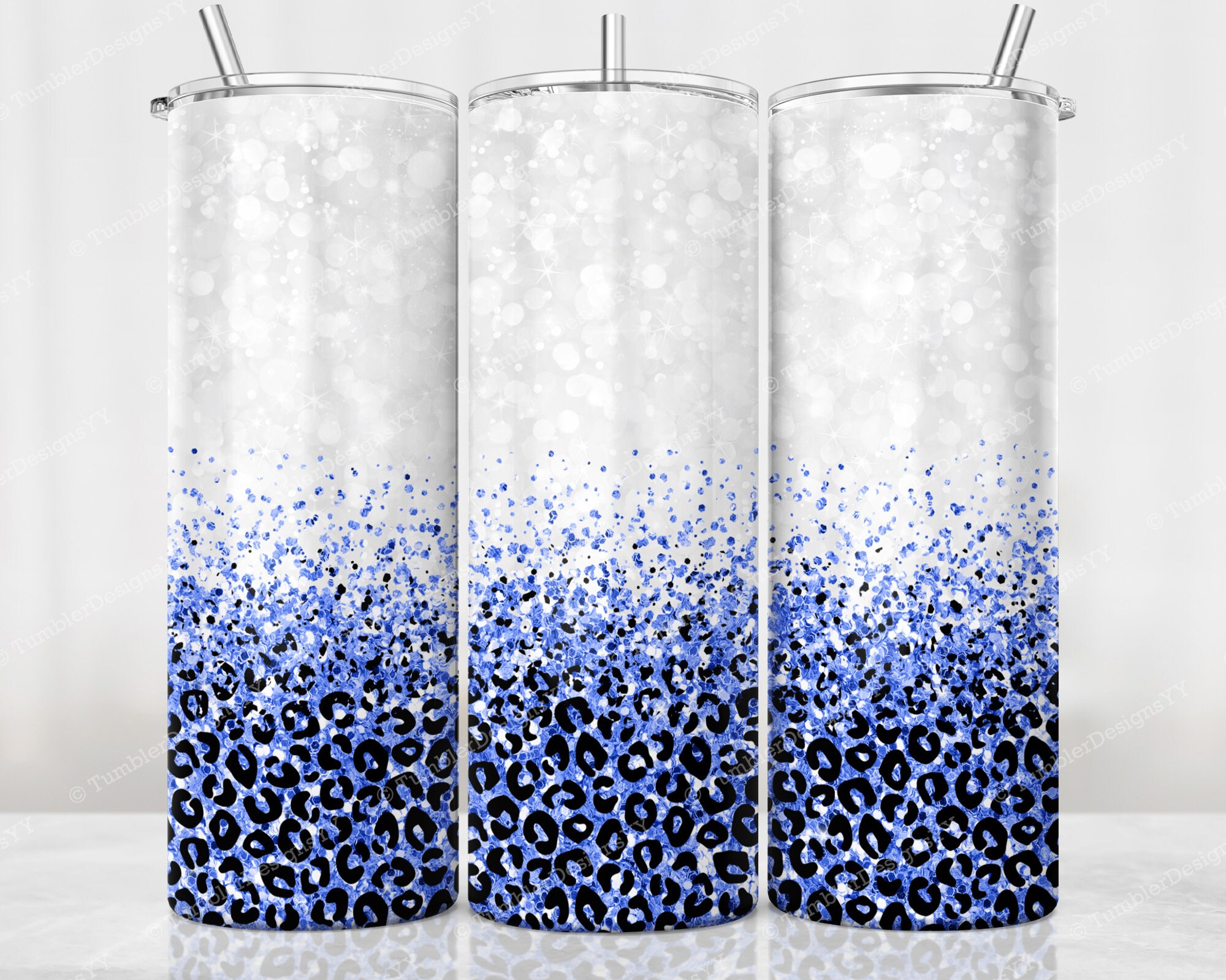 20 Oz Skinny Tumbler Png, Blue Glitter Leopard Seamless Tumbler Design ...