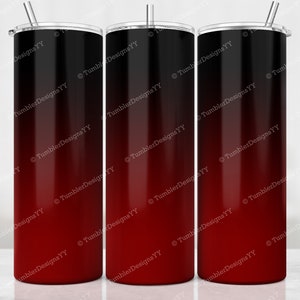Könnte beinhalten: Drei Edelstahlbecher mit einem Farbverlauf von Rot zu Schwarz. Die Becher haben einen silbernen Deckel und einen Strohhalm.