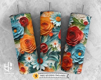 3D Paper Various Flowers Tumbler Sublimation Design, 20 oz Skinny Straight 3D Tumbler Wrap, Floral Tumbler PNG, Instant Digital Download