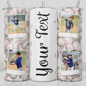 Fotokollage basebollmugg PNG, 20 oz smal tumbleromslag, softboll, 4 bilder, rakt avsmalnande sublimeringsdesign, smutsig baseboll PNG