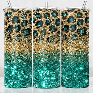 Teal Leopard Tumbler PNG, Gold and Teal Glitter Sublimation Designs, 20 oz Skinny Tumbler, Seamless Glitter Tumbler PNG, Digital Download