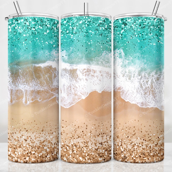 Beach Tumbler Glitter PNG, 20 oz Skinny Tumbler, Glitter Border Beach Tumbler Wrap, Ocean Sublimation Design, Custom Beach Life Background