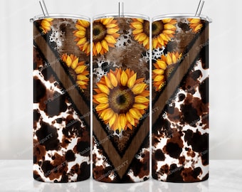 Sunflower Cowhide Tumbler Wrap, Cow Print Country Sublimation Design, 20 oz Skinny Tumbler, Rustic Western Tumbler PNG, Digital Download