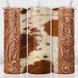 Tooled Leather Cowhide Tumbler Wrap, 20oz Skinny Tumbler Sublimation Designs, Western Tumbler PNG Design, Digital Download File