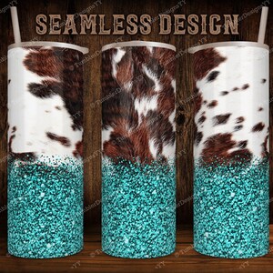 May include: A set of three seamless design tumblers. The tumblers feature a cowhide pattern with brown and white patches, transitioning to a turquoise glitter base. The text "SEAMLESS DESIGN" is at the top.