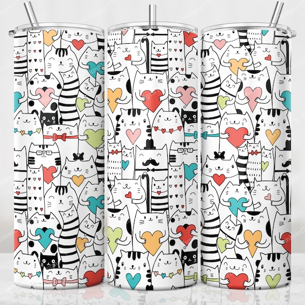 Chats mignons Sublimation Skinny Tumbler Design, Cat Mama Tumbler Full Wrap, Kitty Lover Mom Gift, Cats PNG, 20 oz Skinny Tumbler PNG Files