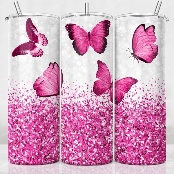 Pink Butterfly Glitter Tumbler PNG, Hot Pink Glitter Sublimation Design, 20 oz Skinny Tumbler, Pink Glitter Tumbler Wrap, Digital Download