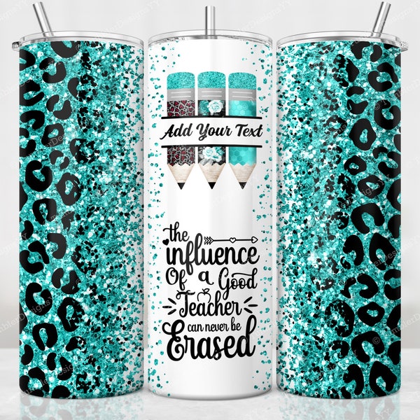 Teacher Name Tumbler Wrap, Teal Glitter Leopard Sublimation Design, 20 oz Skinny Tumbler, Cheetah Teacher Tumbler PNG, Digital Download