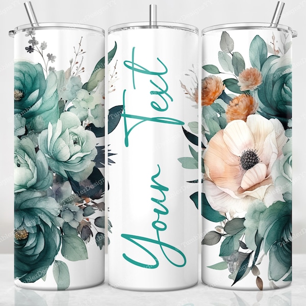 Add Your Own Text Tumbler Wrap Sublimation Design, 20 oz Skinny Tumbler PNG, Muted Teal Floral Tumbler Wrap, Seamless Digital Download