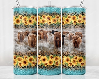 Highland Cows Tournesol Tumbler Sublimation Design, 20 oz Skinny Tumbler PNG, Western Tumbler Wrap, Farm Animal Tumbler Design PNG Download