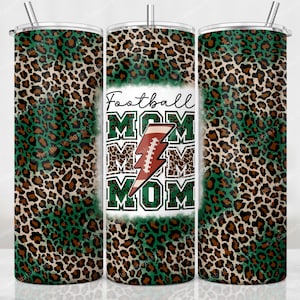Football Mom Tumbler Wrap, Football Lightning Bolt Dark Green Leopard Sublimation Designs, 20 oz Skinny Tumbler, Digital Download, PNG File