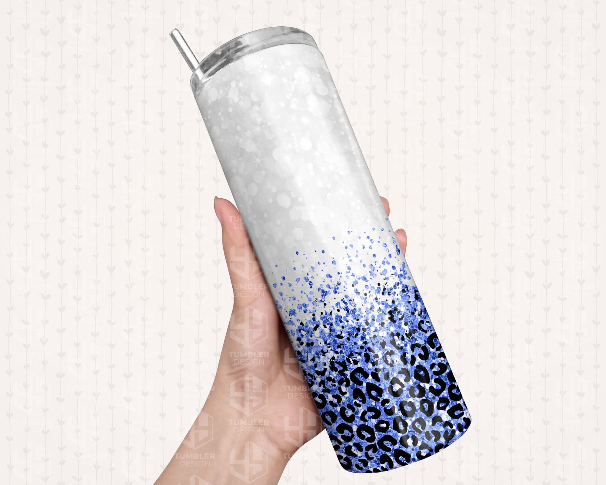 20 Oz Skinny Tumbler Png, Blue Glitter Leopard Seamless Tumbler Design ...