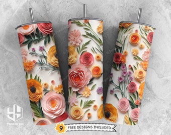 3D Paper Various Flowers Tumbler Sublimation Design, 20 oz Skinny Straight 3D Tumbler Wrap, Floral Tumbler PNG, Instant Digital Download