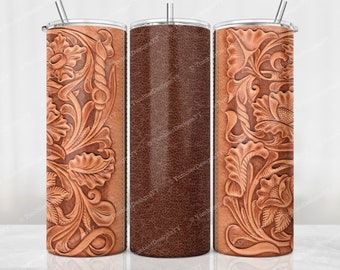 Tooled Leather Tumbler PNG, Southwest Sublimation Design, 20 oz Skinny Tumbler Wrap, Northwest Western Tumbler Wrap, Add your name or text