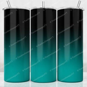 May include: Three stainless steel tumblers with a black to teal ombre design. The tumblers have a silver lid and a straw.
