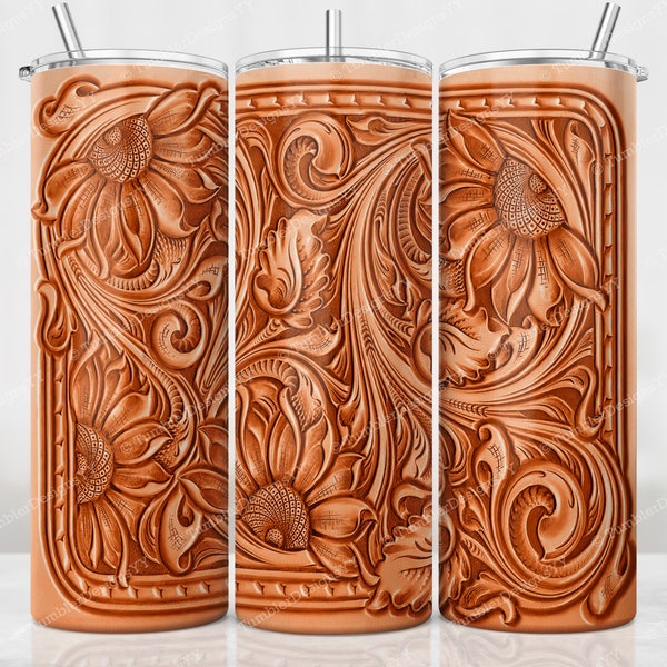 20oz Tooled Leather Tumbler Sublimation Wrap, Sheridan Leather Sublimation Design, 20 oz Skinny Tumbler, Western Tumbler PNG Download File