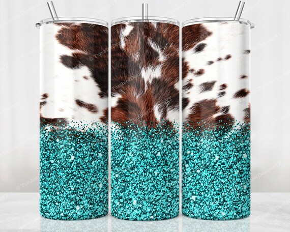 Cowhide Tumbler Wrap, Teal Glitter Tumbler PNG, 20 oz Seamless Cowhide Skinny Print, Teal Cowhide Tumbler Sublimation Design Download File