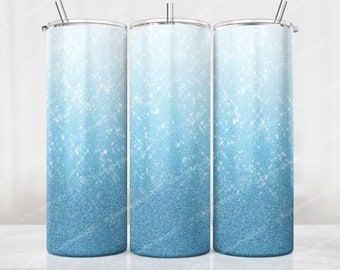 Envoltura para vaso con purpurina azul bebé, diseño de sublimación azul degradado PNG, vaso delgado de 20 oz, vaso con purpurina blanca a azul PNG, descarga digital