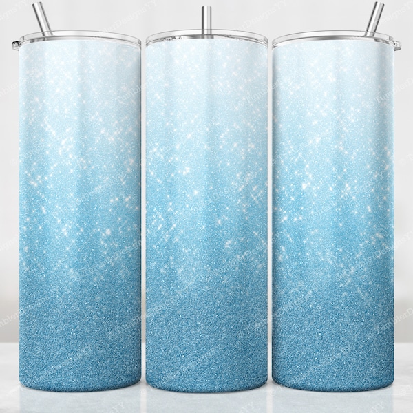 Baby Blue Glitter Tumbler Wrap, Blue Ombre Sublimation Design PNG, 20 oz Skinny Tumbler, White to Blue Glitter Tumbler PNG, Digital Download