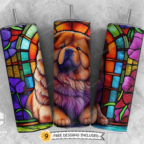 Stained Glass Tumbler Wrap Sublimation Design, 20 oz Skinny Tumbler PNG, Chow Chow Tumbler Wrap, Vibrant Colors, Digital Download File