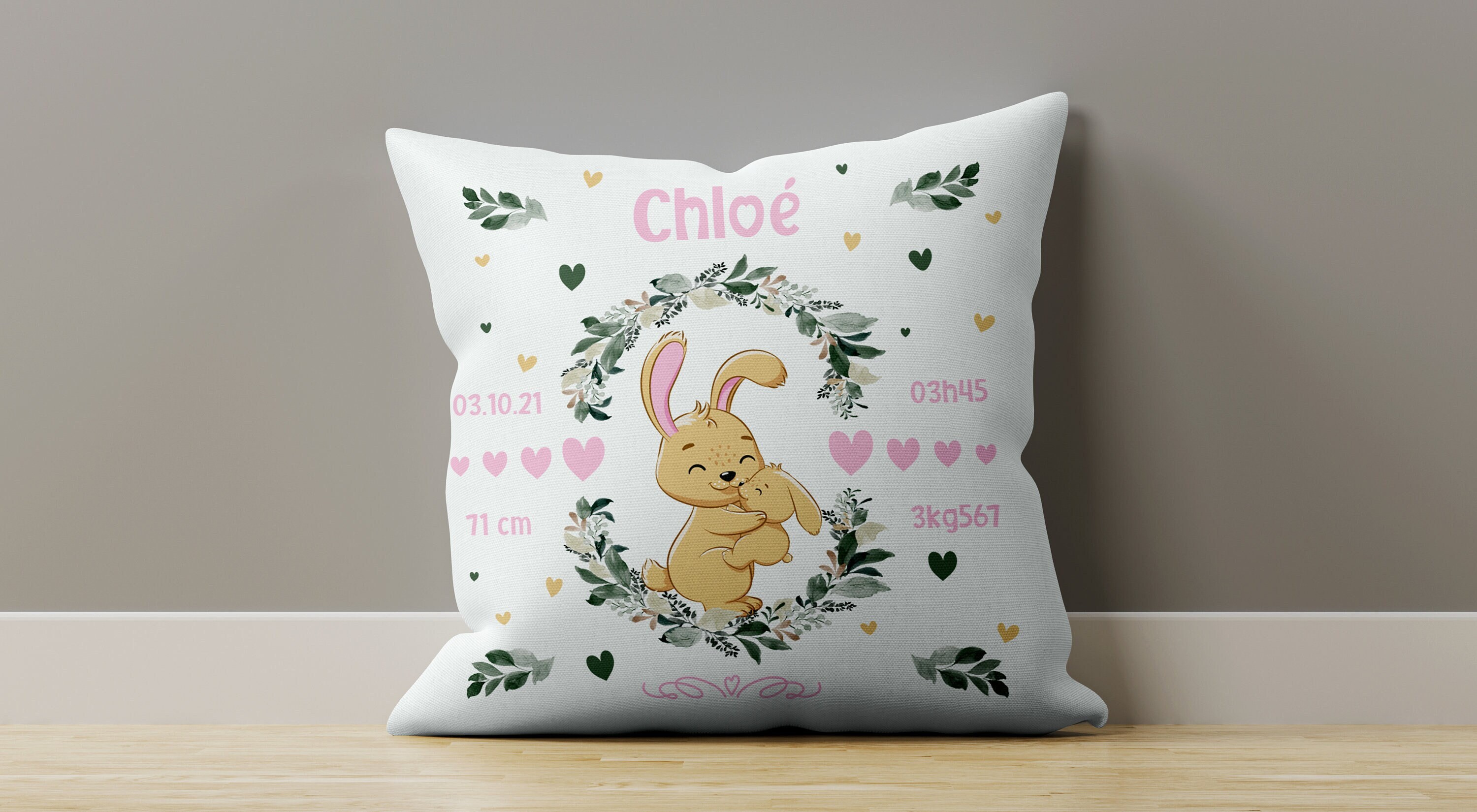 Cl 010 Coussin Naissance Personnalisé, Idée Cadeau Personnalisable Bébé, Housse Oreiller Déco, Lapin