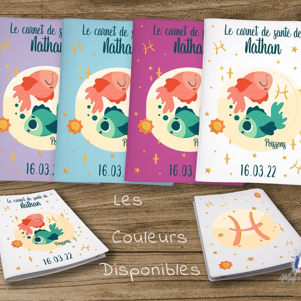 Protège carnet de santé personnalisé, idée cadeau personnalisable bébé,cadeau naissance original, Housse Signes Zodiaques Poisson - CL0019l