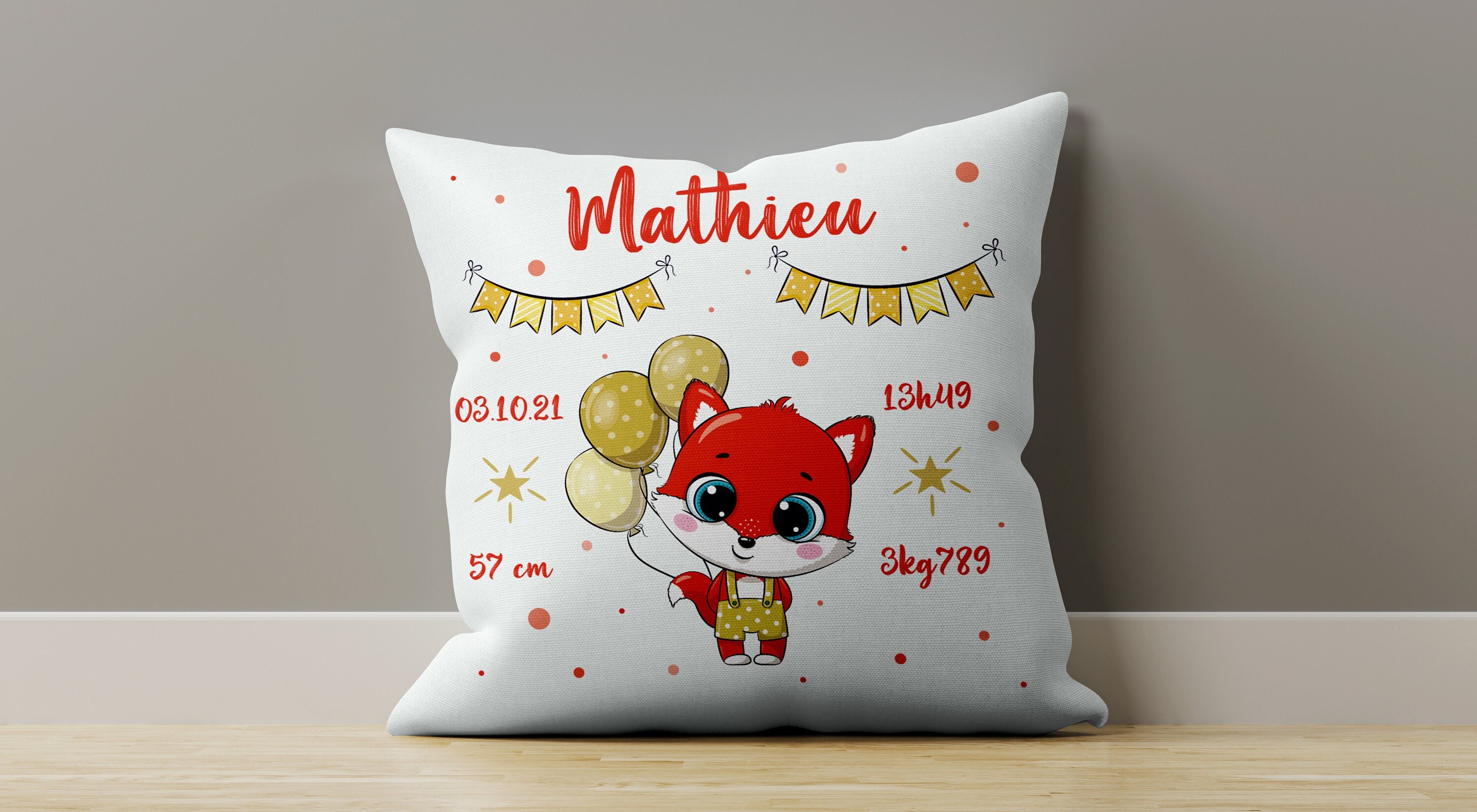 Cl 008 Coussin Naissance Personnalisé, Idée Cadeau Personnalisable Bébé, Housse Oreiller Déco, Renar