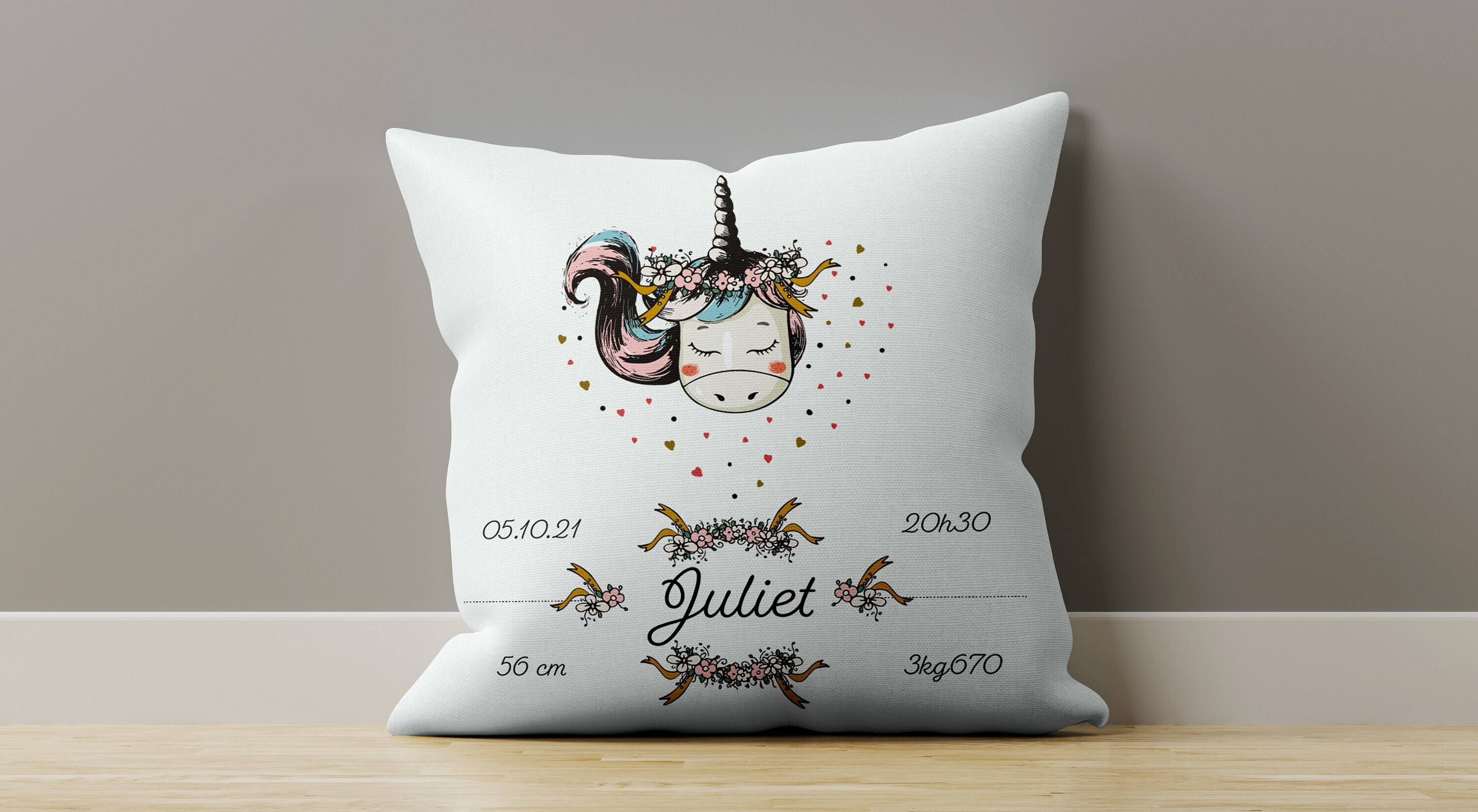 Cl 013 Coussin Naissance Personnalisé, Idée Cadeau Personnalisable Bébé, Housse Oreiller Déco, Licor