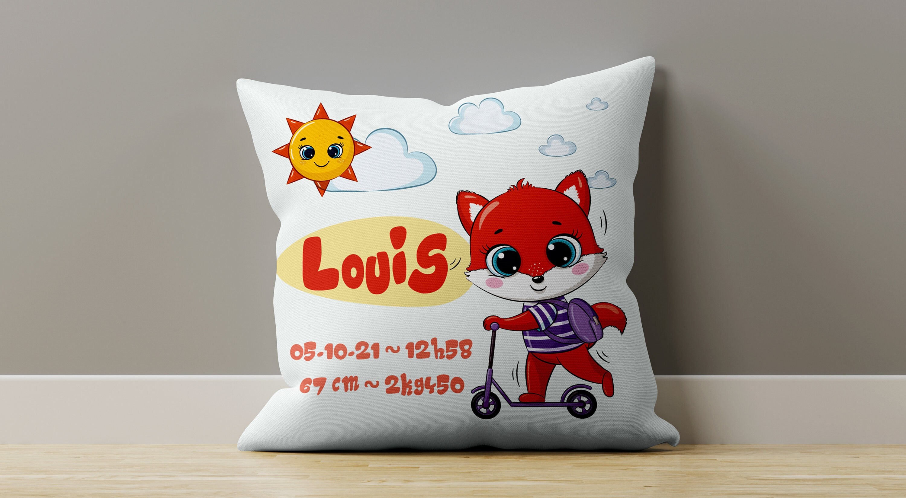 Cl 008 Coussin Naissance Personnalisé, Idée Cadeau Personnalisable Bébé, Housse Oreiller Déco, Renar