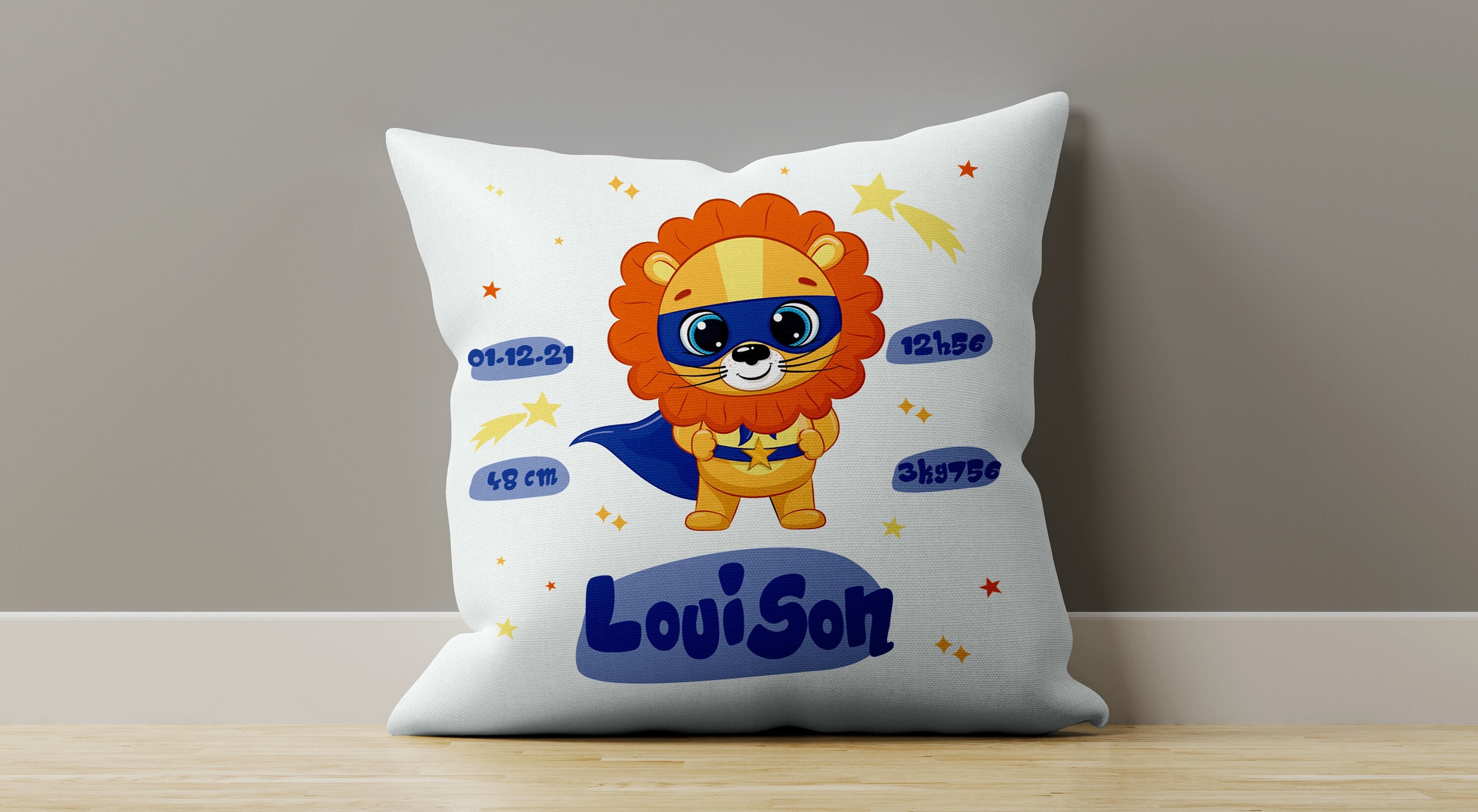 Cl 009 Coussin Naissance Personnalisé, Idée Cadeau Personnalisable Bébé, Housse Oreiller Déco, Lion 