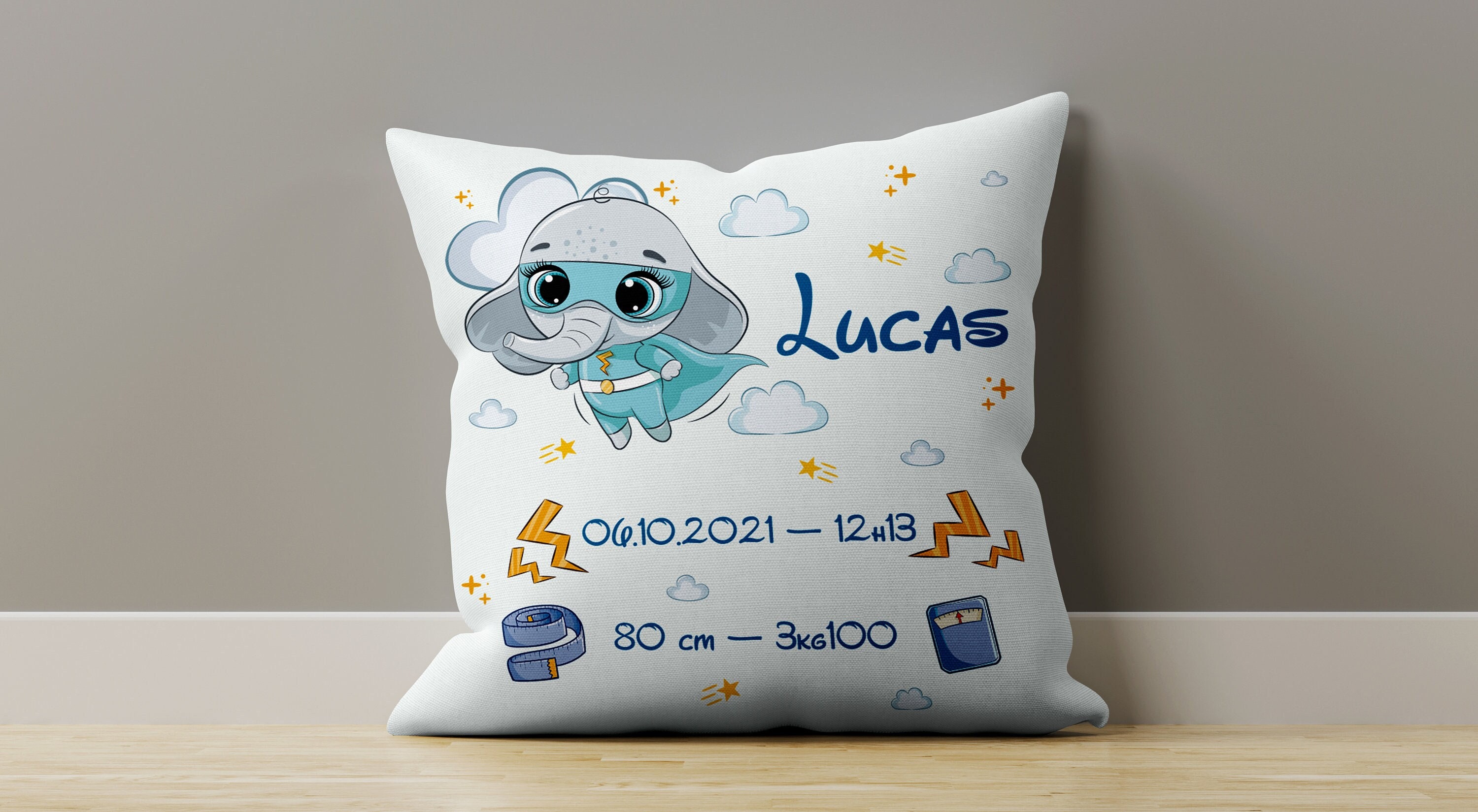 Cl 007 Coussin Naissance Personnalisé, Idée Cadeau Personnalisable Bébé, Housse Oreiller Déco, Éléph