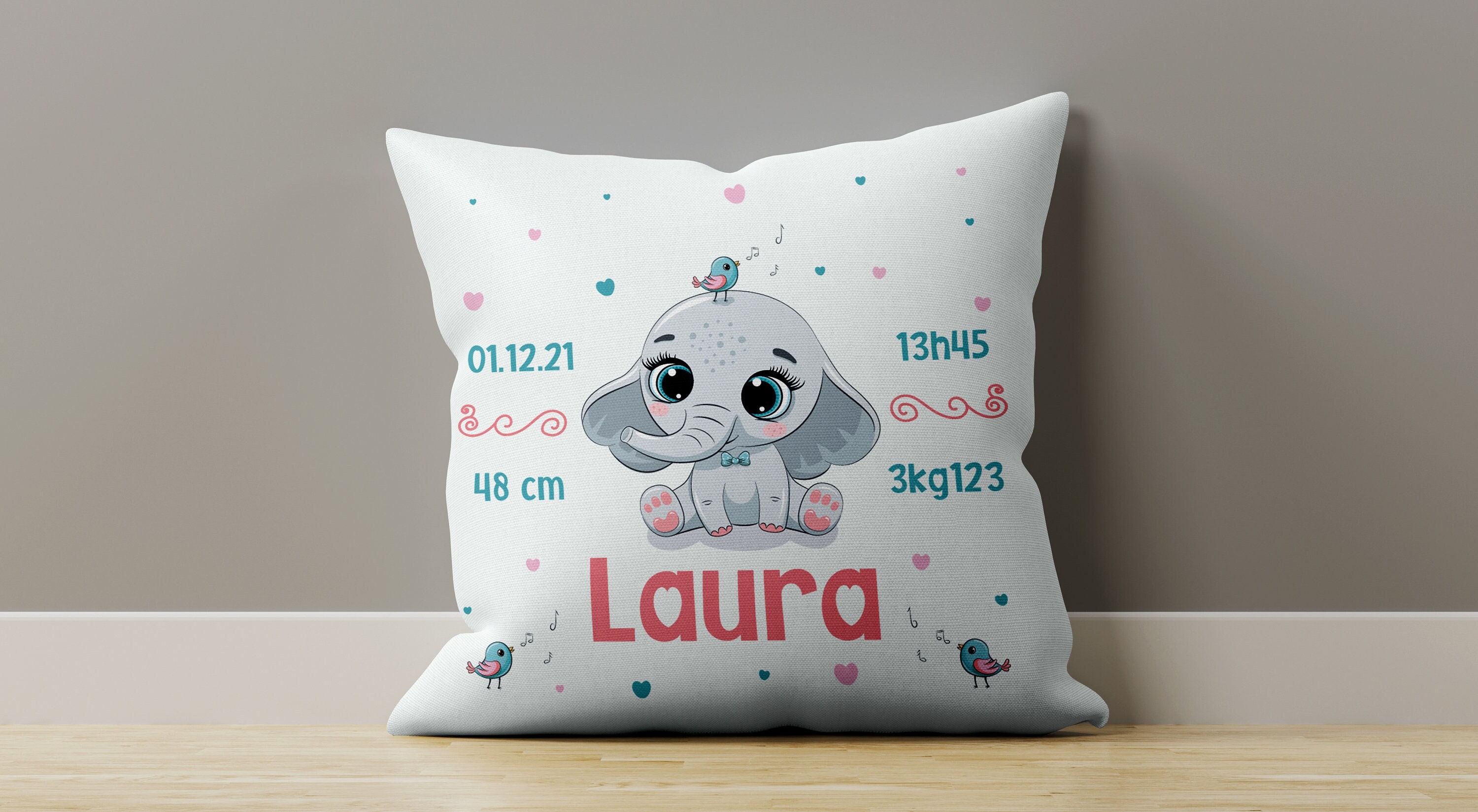Cl 007 Coussin Naissance Personnalisé, Idée Cadeau Personnalisable Bébé, Housse Oreiller Déco, Éléph