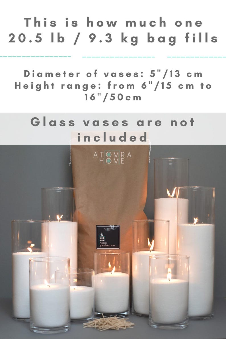 𝗔𝗧𝗢𝗠𝗥𝗔 𝗛𝗢𝗠𝗘® Candle Sand 20.5 lb/9.3 kg Pearled White & Colored Granulated Palm Wax for Wedding Centerpieces, Hurricane Vases, Event Decor with 150 Wicks