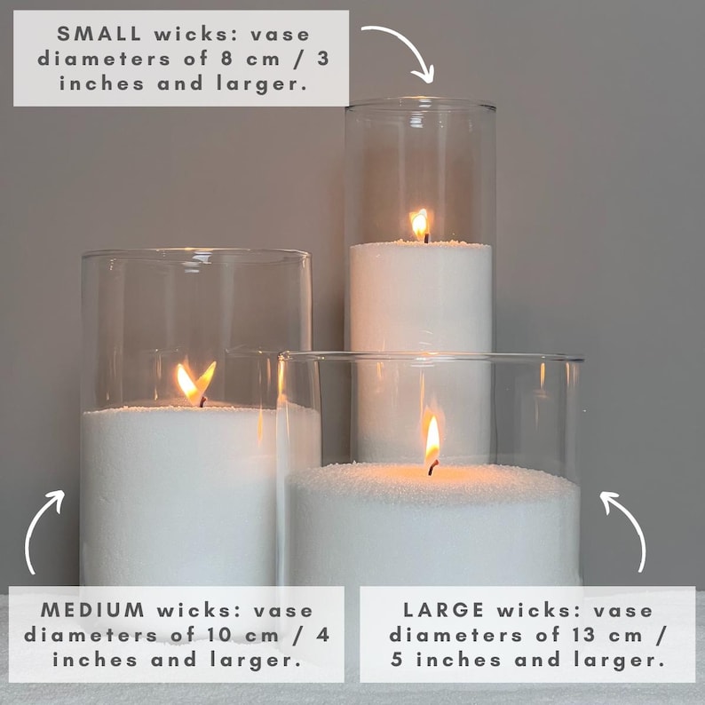 Thicknesse of Wicks Variations. 𝗔𝗧𝗢𝗠𝗥𝗔 𝗛𝗢𝗠𝗘® is the only seller on Etsy offering a selection of wick thicknesses for your sand wax candles. Tiny wicks - heart of your candle. By choosing the right wick for your candle, you can prevent the melted wax from touching the walls of the container and ensure a safe burn.
