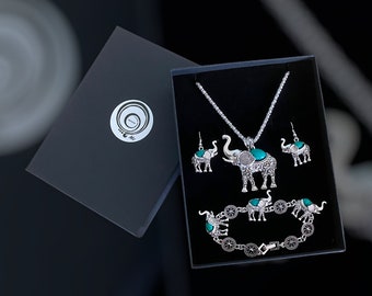 Tibetan silver elephant with turquoise necklace, bracelet and earrings set