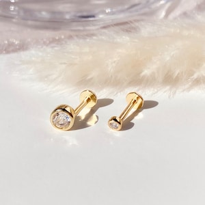 4mm Tiny Cubic Zirconia Flat Back Stud Earrings,14K Gold Screw on Flat Back  Earrings for Unisex,Cartilage Helix Tragus Piercing Hypoallergenic Earring