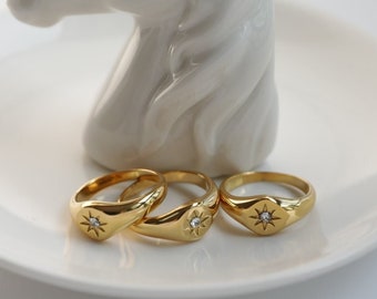 18K GOLD SIGNET RING Dainty Ring North Star Ring Starburst Ring Polaris Ring Pinky Ring Minimalist Ring Chic Cubic Zirconia Signet Ring