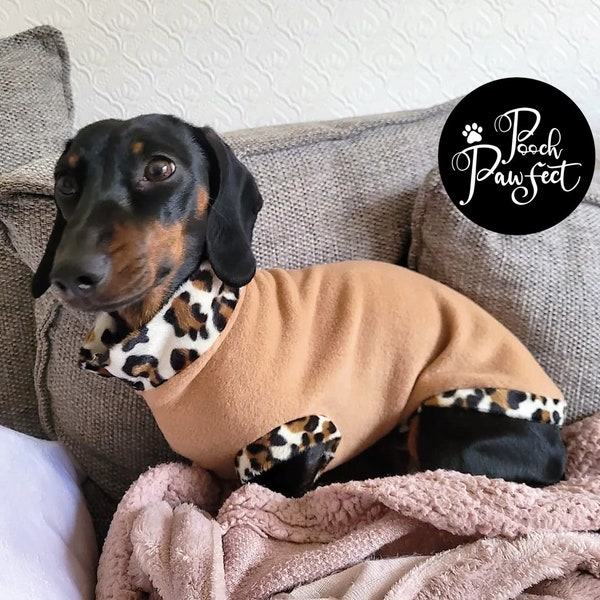 Leopard Print Trim Luxury Custom-Made Dachshund Fleece Jumper by Pooch Pawfect