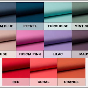 May include: A color chart showing 12 different fabric colors. The colors are: Denim Blue, Petrel, Turquoise, Mint Green, Nude, Fuschia Pink, Lilac, Mauve, Red, Coral, Orange.