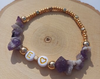 Personalised amethyst crystal bracelet, natural stone bead stretch bracelet, stacking bracelet, handmade bracelet, made to order bracelet