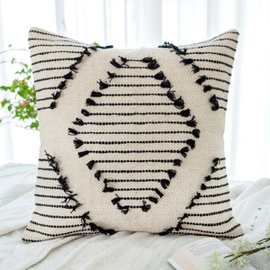 Textured Handwoven Throw Pillow, Accent Pillow Cover, Sofa Pillow Cushion, Black & Ivory Pillow Cover, Decorative Throw Pillow 60x60 cms.