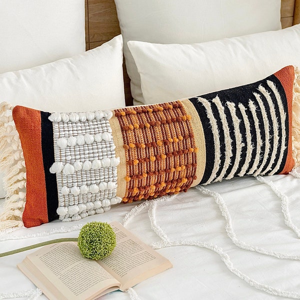 Handwoven Long Lumbar Tassel Pillow Cover, Throw Pillow, Boho Decor, Modern Farmhouse, 12x30, Woven Pillow, Textured Lumbar Pillow Cover