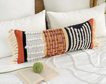 Handwoven Long Lumbar Tassel Pillow Cover, Throw Pillow, Boho Decor, Modern Farmhouse, 12x30, Woven Pillow, Textured Lumbar Pillow Cover