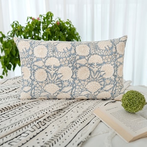 Designer Floral Blue on Off White Lumbar Pillow Cover, Blue Lumbar Pillow, Boho Pillow, Spring Decor, Long Floral Lumbar Pillow