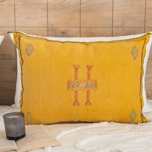 Yellow Cactus Silk Pillow, Moroccan Cushions Cover, 20x20 Pillow Cover, Bohemian Pillows, Moroccan Decorative Throw Pillow, Rustic Pillow