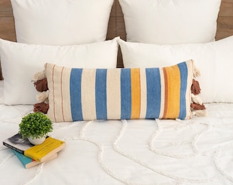 Designer Handwoven Multicolored Striped Lumbar Pillow Cover, Bohemian Decorative Cushions, Chenille Throw Pillow, 12x28 Boho Tassel Pillow
