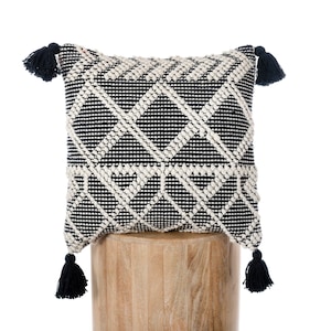 Boho Black and Beige Hand Woven Pillow, Cotton Cushion Case, Decorative Throw Pillow, Farmhouse Pillow Decor, Cushion Cover with Tassels